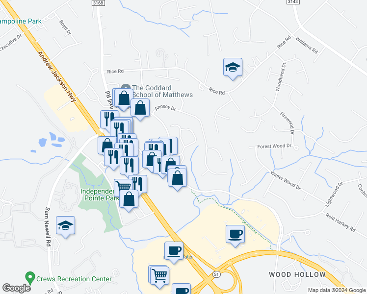 map of restaurants, bars, coffee shops, grocery stores, and more near 1904 Windsor Hill Drive in Matthews
