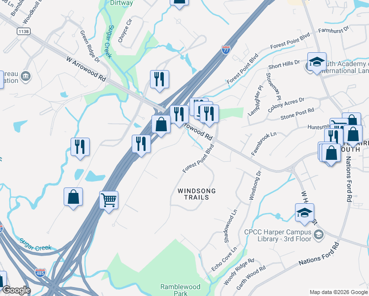 map of restaurants, bars, coffee shops, grocery stores, and more near 7910 Forest Point Boulevard in Charlotte