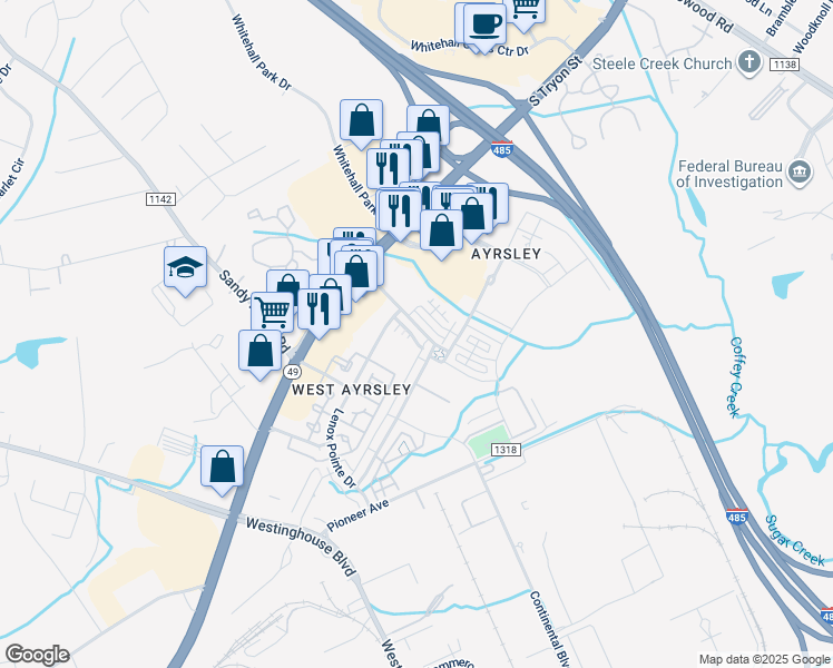 map of restaurants, bars, coffee shops, grocery stores, and more near 8352 Scotney Bluff Avenue in Charlotte