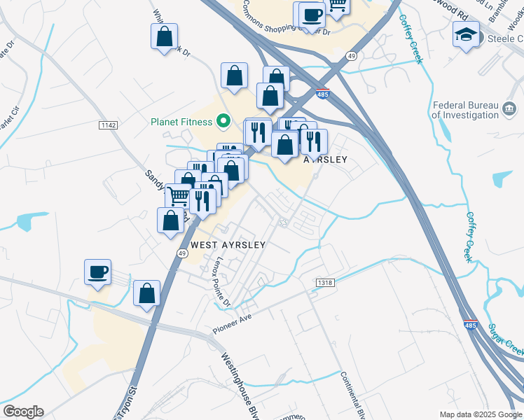 map of restaurants, bars, coffee shops, grocery stores, and more near 8711 Lenox Pointe Drive in Charlotte