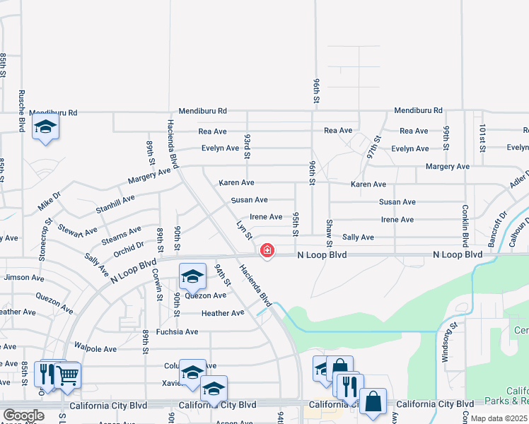 map of restaurants, bars, coffee shops, grocery stores, and more near 9325 Irene Avenue in California City