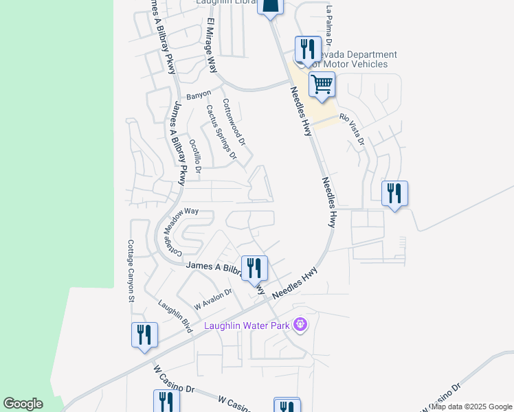 map of restaurants, bars, coffee shops, grocery stores, and more near 2056 Mesquite Lane in Laughlin