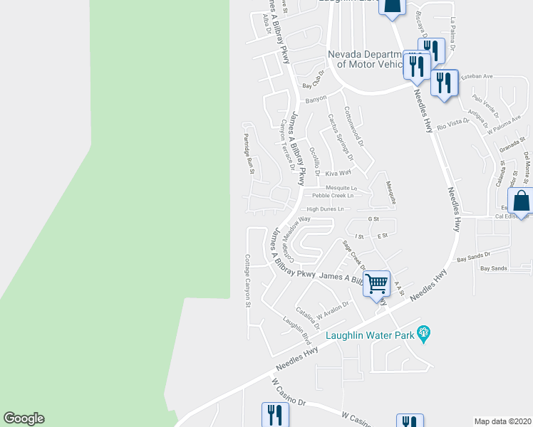 map of restaurants, bars, coffee shops, grocery stores, and more near 2285 Canyon Song Avenue in Laughlin
