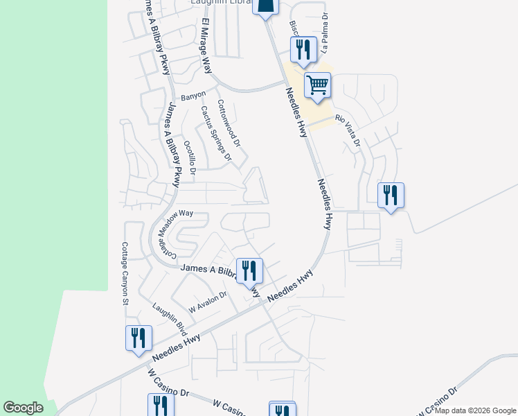 map of restaurants, bars, coffee shops, grocery stores, and more near 2048 Mesquite Lane in Laughlin