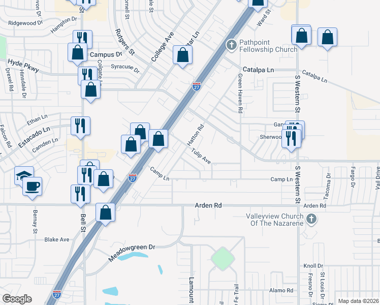 map of restaurants, bars, coffee shops, grocery stores, and more near 5117 Tulip Avenue in Amarillo