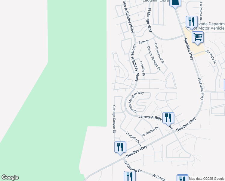 map of restaurants, bars, coffee shops, grocery stores, and more near 3365 Partridge Run Street in Laughlin