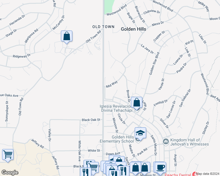 map of restaurants, bars, coffee shops, grocery stores, and more near 21712 Mid Way in Tehachapi