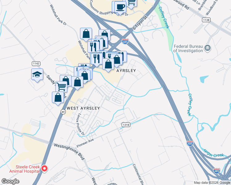 map of restaurants, bars, coffee shops, grocery stores, and more near 9409 Kings Parade Boulevard in Charlotte