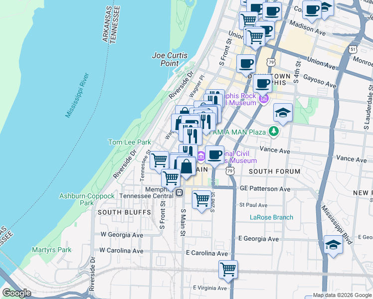 map of restaurants, bars, coffee shops, grocery stores, and more near 413 South Main Street in Memphis