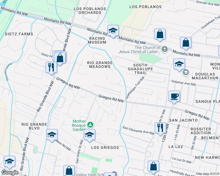 map of restaurants, bars, coffee shops, grocery stores, and more near 4909 Guadalupe Trail Northwest in Albuquerque