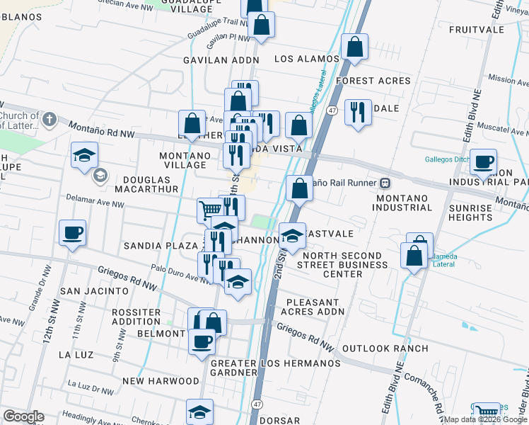 map of restaurants, bars, coffee shops, grocery stores, and more near 225 Natalie Avenue Northwest in Albuquerque
