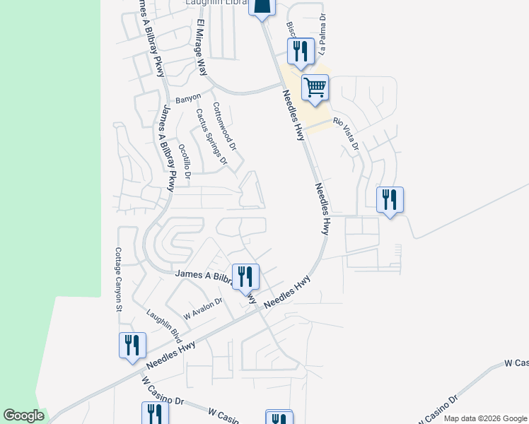 map of restaurants, bars, coffee shops, grocery stores, and more near 2044 Mesquite Lane in Laughlin