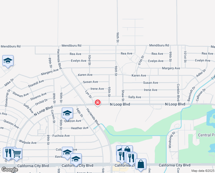 map of restaurants, bars, coffee shops, grocery stores, and more near 9431 Irene Avenue in California City