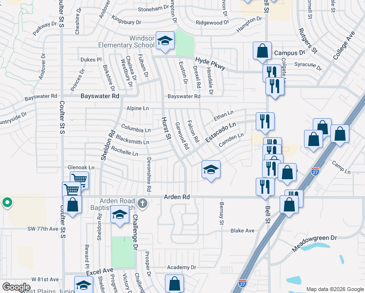 map of restaurants, bars, coffee shops, grocery stores, and more near 6522 Garwood Road in Amarillo