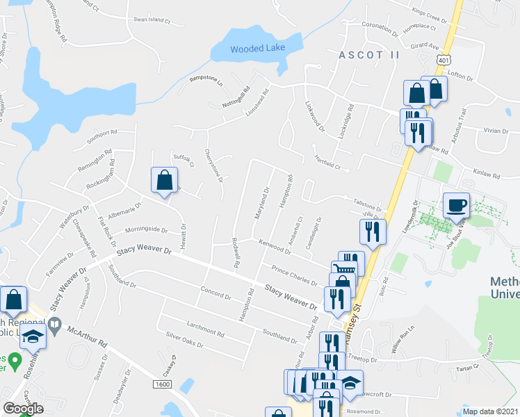 map of restaurants, bars, coffee shops, grocery stores, and more near 5330 Maryland Drive in Fayetteville