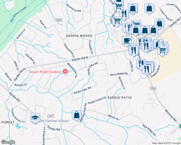 map of restaurants, bars, coffee shops, grocery stores, and more near 10017 Sardis Oaks Road in Charlotte
