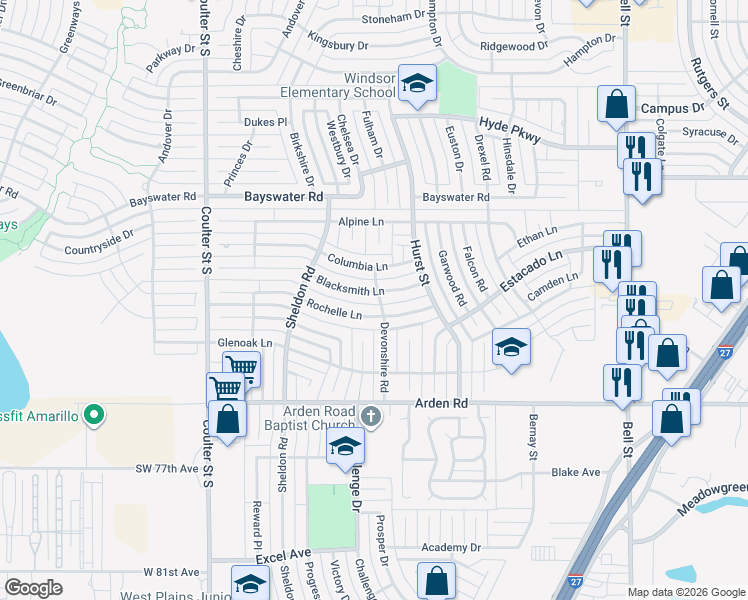 map of restaurants, bars, coffee shops, grocery stores, and more near 6800 Blacksmith Lane in Amarillo