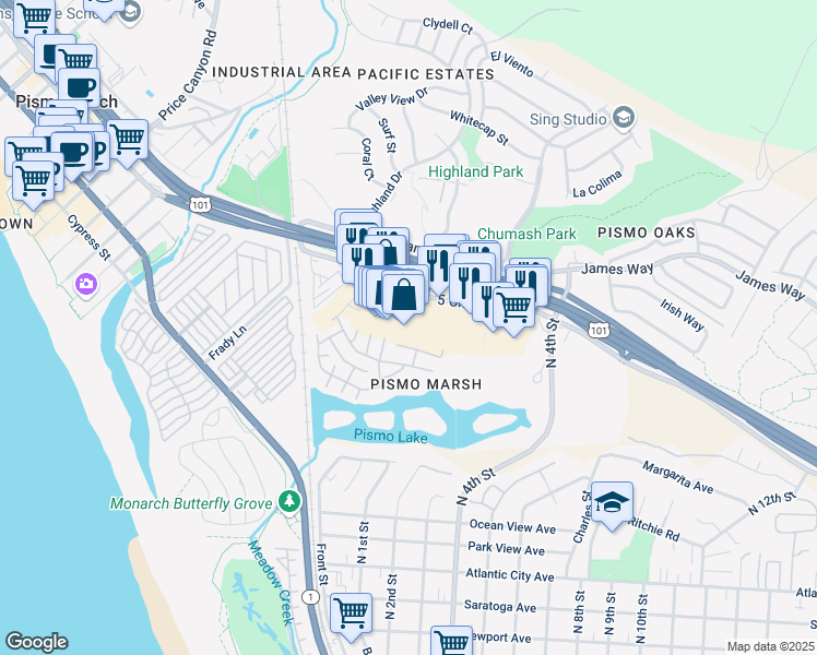 map of restaurants, bars, coffee shops, grocery stores, and more near in Pismo Beach