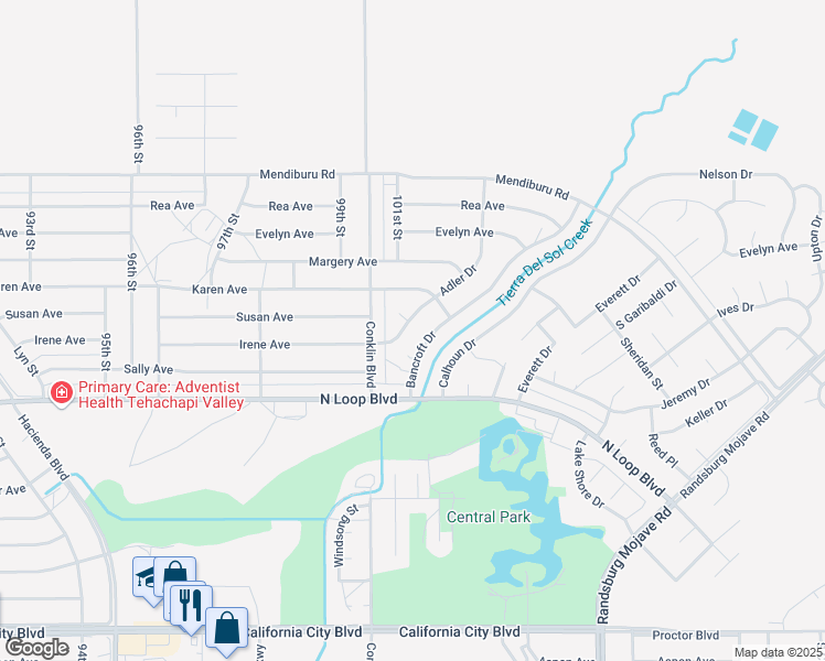 map of restaurants, bars, coffee shops, grocery stores, and more near 21620 Adler Drive in California City