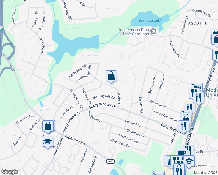 map of restaurants, bars, coffee shops, grocery stores, and more near 5156 Hewitt Drive in Fayetteville