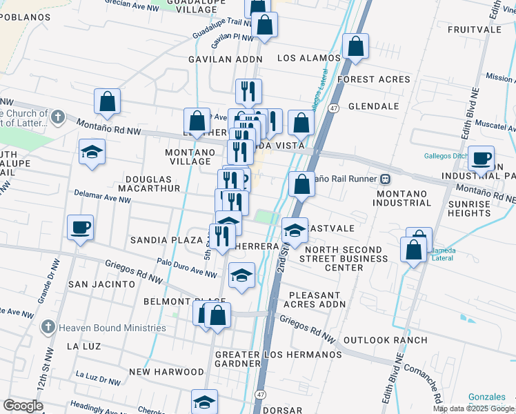map of restaurants, bars, coffee shops, grocery stores, and more near 316 Natalie Avenue Northwest in Albuquerque