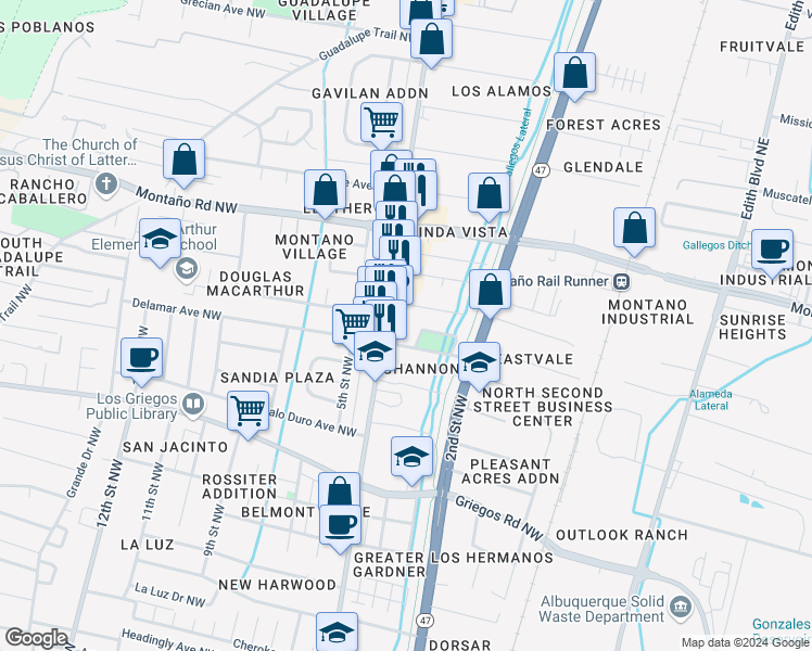 map of restaurants, bars, coffee shops, grocery stores, and more near 316 Natalie Avenue Northwest in Albuquerque