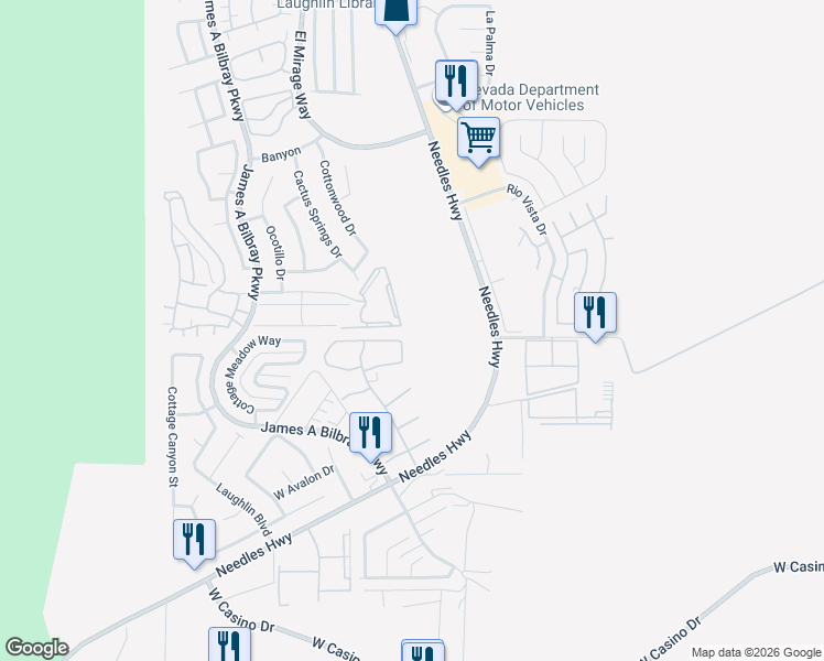 map of restaurants, bars, coffee shops, grocery stores, and more near 2036 Mesquite Lane in Laughlin