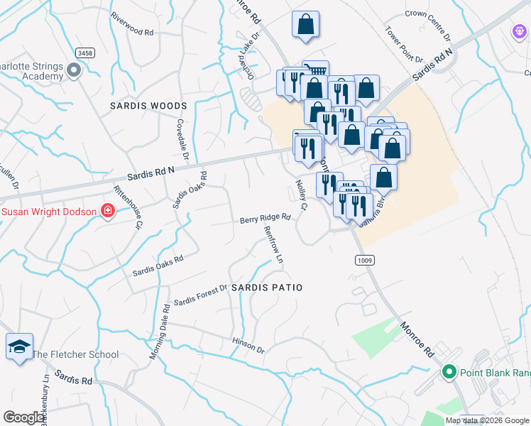 map of restaurants, bars, coffee shops, grocery stores, and more near 1309 Berry Ridge Road in Charlotte