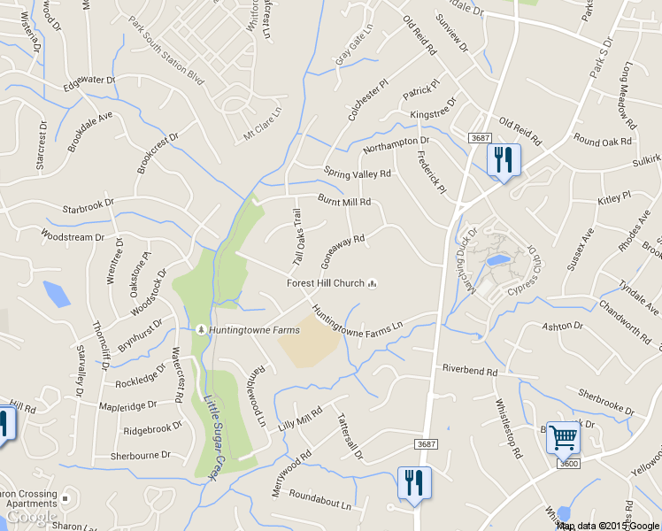 map of restaurants, bars, coffee shops, grocery stores, and more near 2901 Goneaway Road in Charlotte