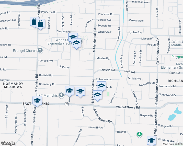 map of restaurants, bars, coffee shops, grocery stores, and more near 180 North Mendenhall Road in Memphis