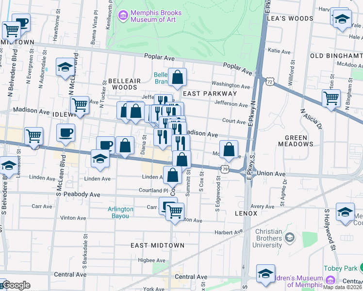 map of restaurants, bars, coffee shops, grocery stores, and more near 2157 Madison Avenue in Memphis