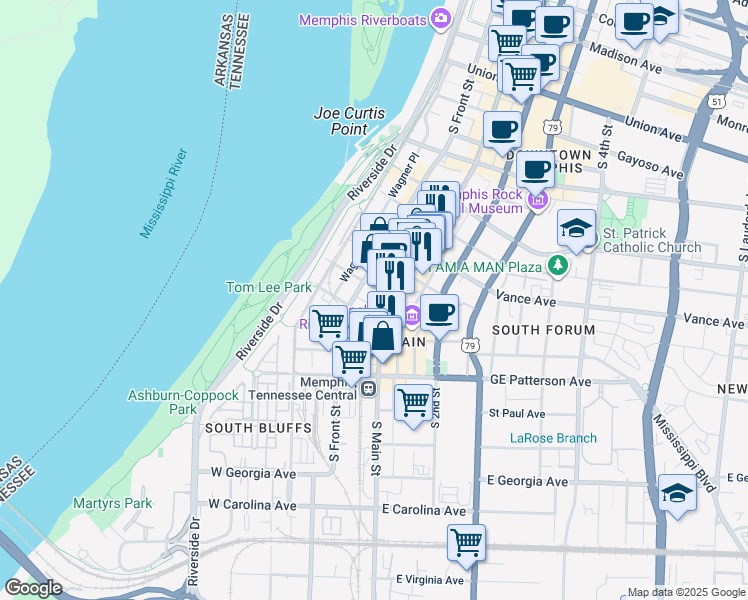map of restaurants, bars, coffee shops, grocery stores, and more near 387 South Main Street in Memphis