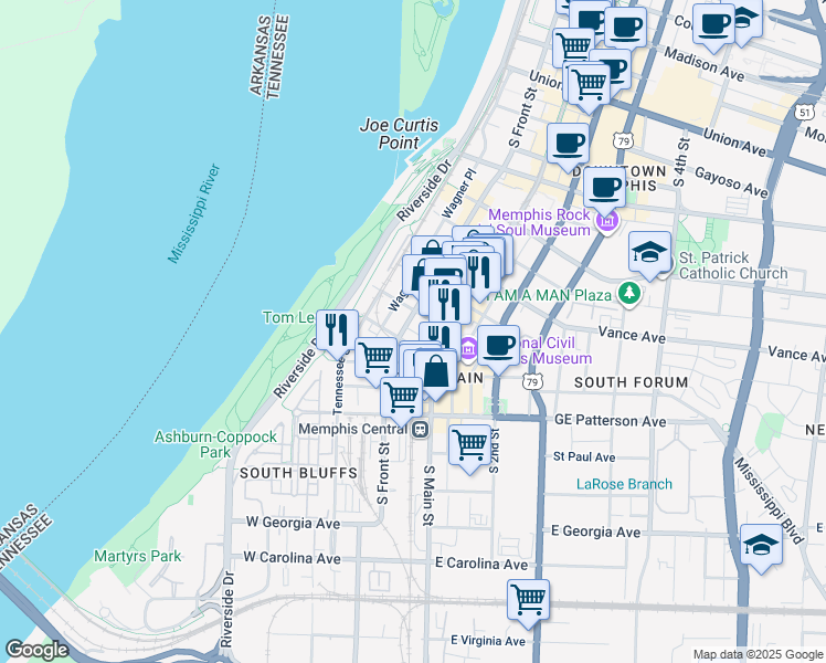 map of restaurants, bars, coffee shops, grocery stores, and more near 411 South Front Street in Memphis