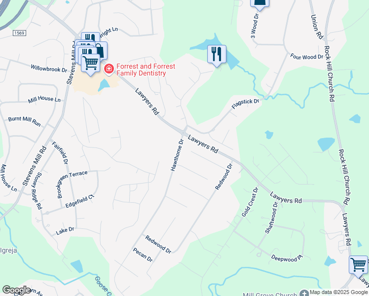 map of restaurants, bars, coffee shops, grocery stores, and more near 1017 Hawthorne Drive in Indian Trail