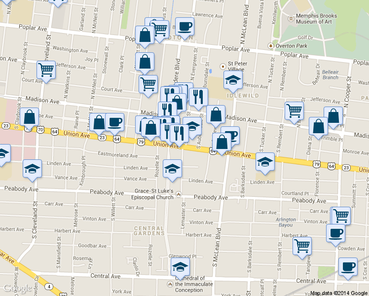 map of restaurants, bars, coffee shops, grocery stores, and more near 1708 Union Avenue in Memphis