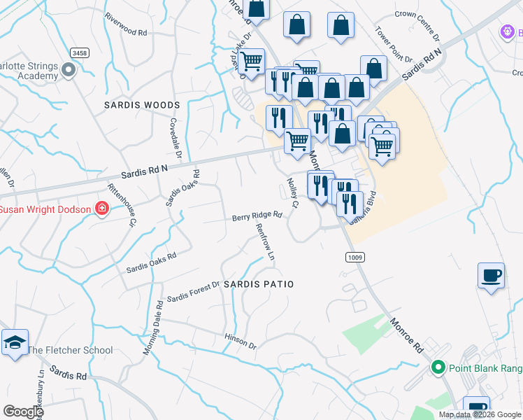 map of restaurants, bars, coffee shops, grocery stores, and more near 1309 Berry Ridge Road in Charlotte