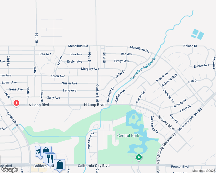 map of restaurants, bars, coffee shops, grocery stores, and more near 21620 Adler Drive in California City