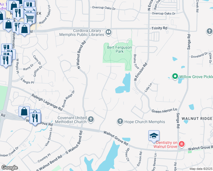 map of restaurants, bars, coffee shops, grocery stores, and more near 404 Walnut Trace Drive in Memphis
