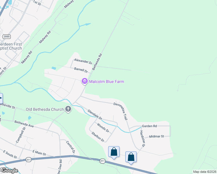 map of restaurants, bars, coffee shops, grocery stores, and more near 1176 Bethesda Road in Aberdeen