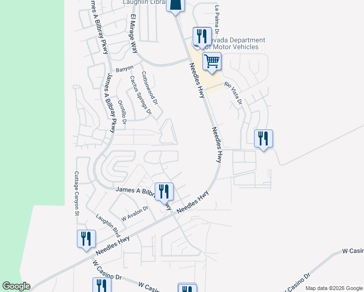 map of restaurants, bars, coffee shops, grocery stores, and more near 2040 Mesquite Lane in Laughlin