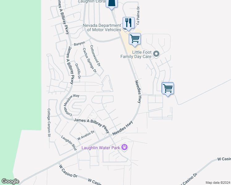 map of restaurants, bars, coffee shops, grocery stores, and more near 2040 Mesquite Lane in Laughlin