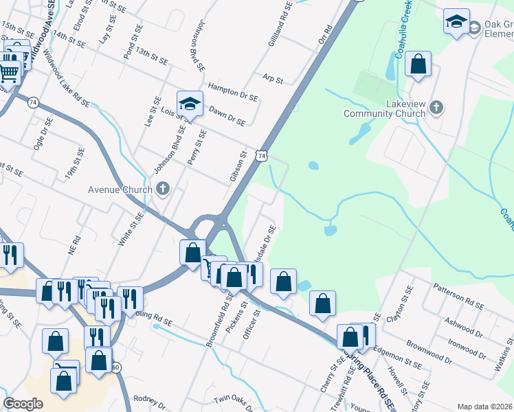 map of restaurants, bars, coffee shops, grocery stores, and more near 2268 Lois Street Southeast in Cleveland