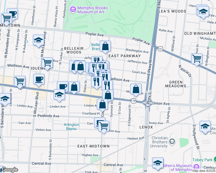 map of restaurants, bars, coffee shops, grocery stores, and more near 2157 Madison Avenue in Memphis