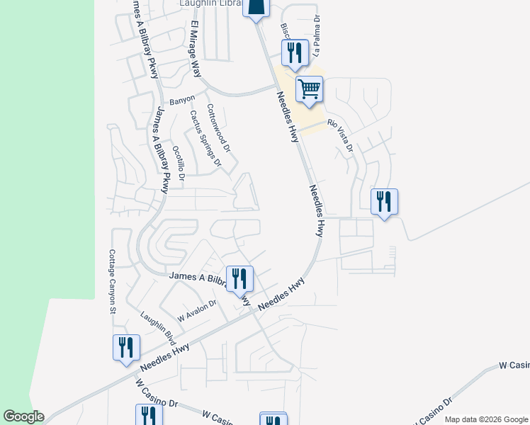 map of restaurants, bars, coffee shops, grocery stores, and more near 2036 Mesquite Lane in Laughlin