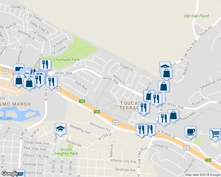 map of restaurants, bars, coffee shops, grocery stores, and more near 106 Erna Way in Pismo Beach