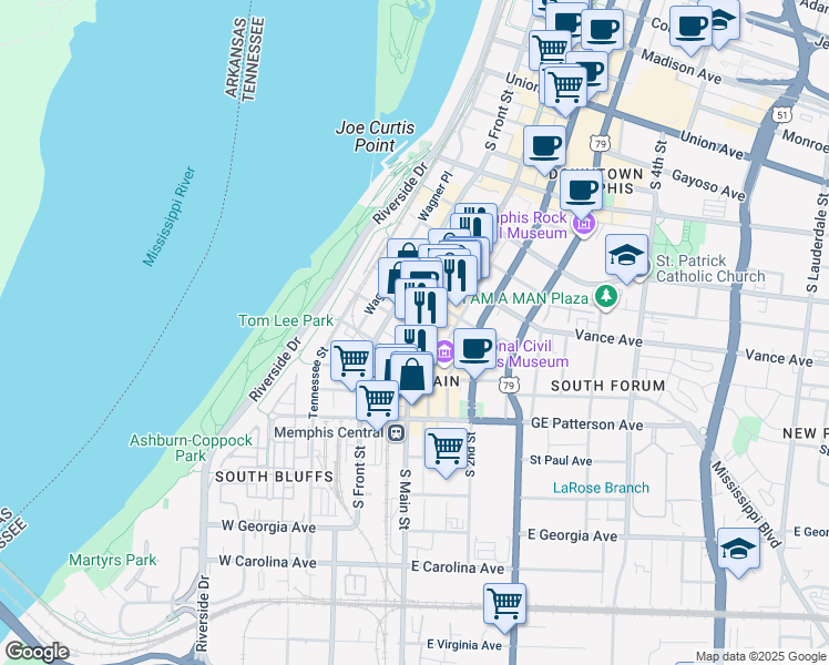 map of restaurants, bars, coffee shops, grocery stores, and more near 387 South Main Street in Memphis