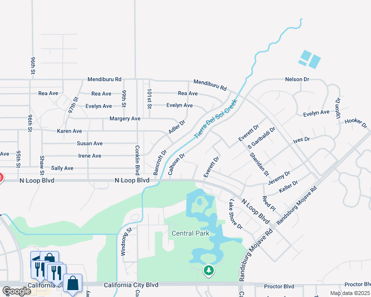 map of restaurants, bars, coffee shops, grocery stores, and more near 21671 Calhoun Drive in California City