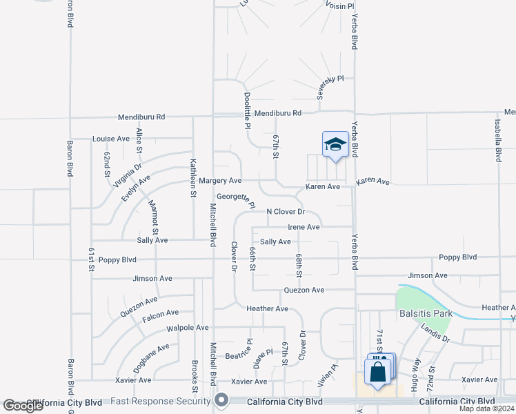 map of restaurants, bars, coffee shops, grocery stores, and more near Georgette Place in California City