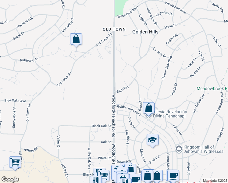 map of restaurants, bars, coffee shops, grocery stores, and more near Woodford-Tehachapi Road in Tehachapi