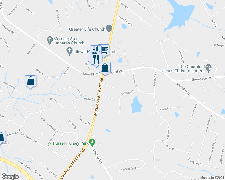 map of restaurants, bars, coffee shops, grocery stores, and more near 13128 Blacksmith Court in Matthews